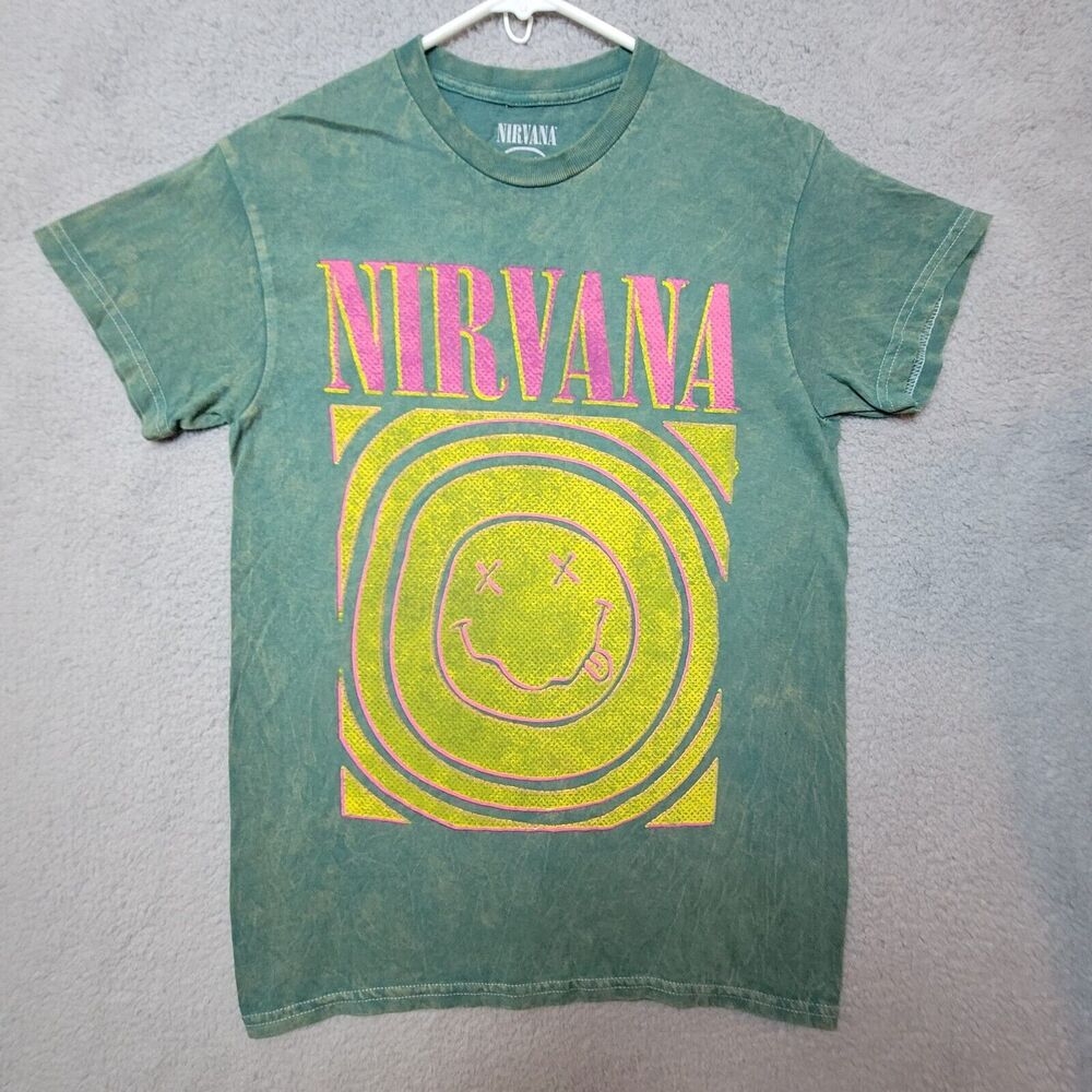 Nirvana Tee Shirt Men's Retro Graphic Burnout Green Smiley Face Size S - FLAW